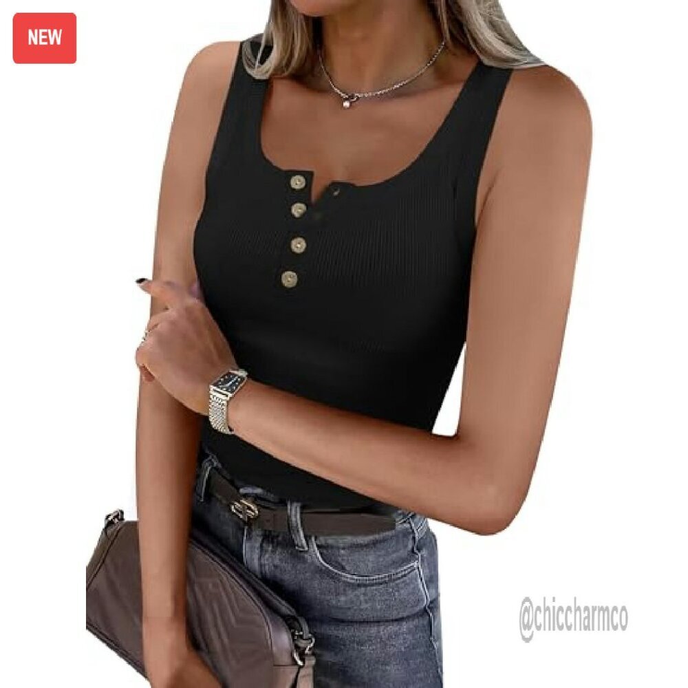 Ribbed Henley Tank Top Slim Fit Sleeveless Cami Button Up Workout Casual - Picture 3 of 8